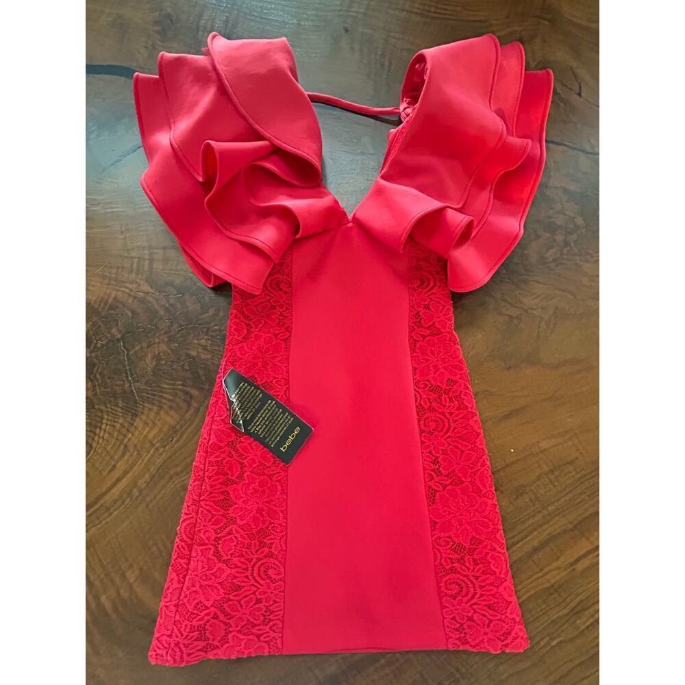 NWT bebe Drama Ruffle & Lace Mini Dress - True Red